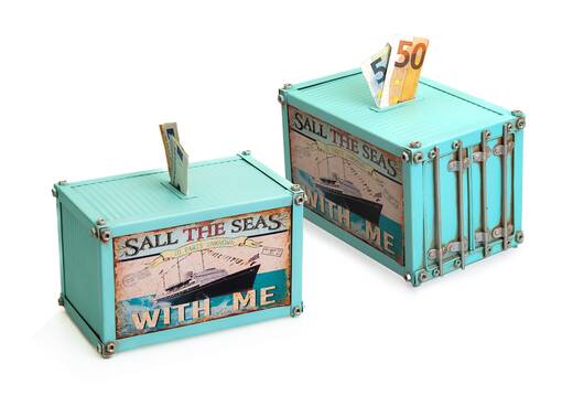 Container, kontti säästölipas- turkoosi, 19,5x12x12cm - Peltikyltit ja metallikoristeet kuville - 41220 - 1