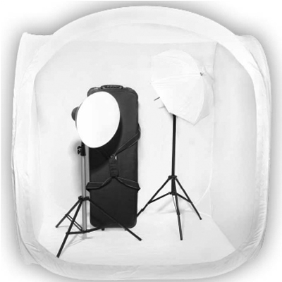 Kuvausteltta 150x150cm valkoinen, 4x taustaa (kokoontaitettava) - Tuotekuvaukseen kuvausteltat ja setit - 23941 - 1