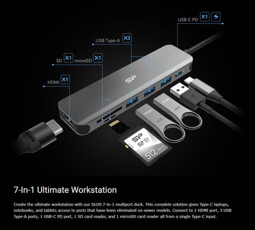 SP 7-in-1 telakka-asema SU20, kortinlukija, USB 3.2 Type C - Kortinlukijat, kovalevyt, kotelot - 40522 - 1