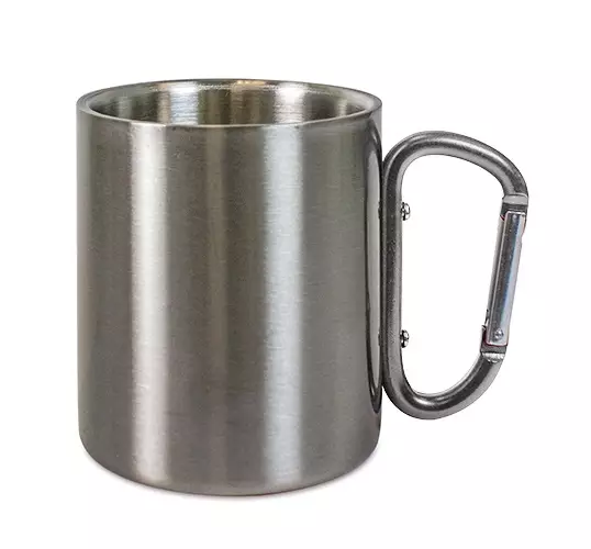 Teräs retkimuki iso 3,3dl, Ø 80mm - hopean vär. karabiiniilla - Mukit, astiat sublimaatiopainatukseen - 38482 - 1