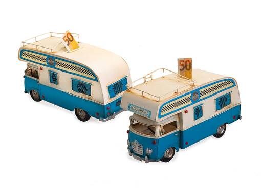 Asuntoauto sininen- 28x11x16cm, säästölipas - Peltikyltit ja metallikoristeet kuville - 41215 - 1