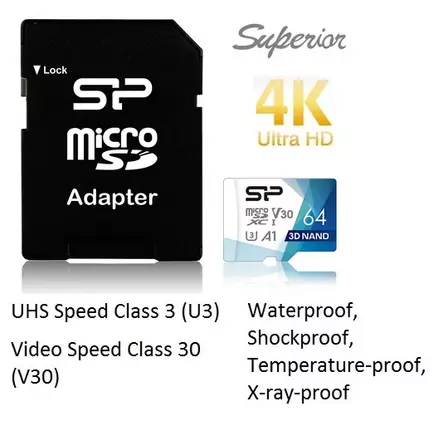SiliconPower 64GB Superior Pro V30 MicroSDXC (U3) 4K - SD-kortit ja MicroSD-kortit - 38407 - 1