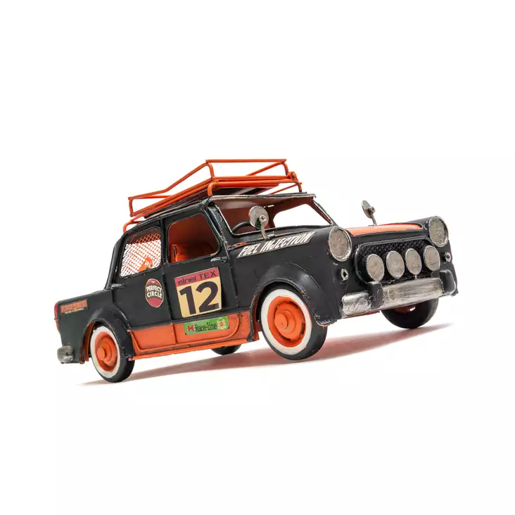 Iso oranssi / musta ralliauto säilytyslipas 28,5x12x10cm - Peltikyltit ja metallikoristeet kuville - 41438 - 1