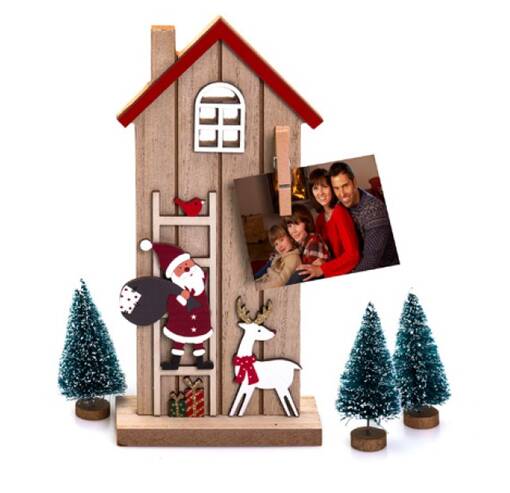 Joulupukki vierailee, puinen talo 22cm - klipsillä - Joulu- ja talviaiheiset tuotteet - 40659 - 1