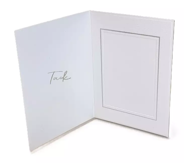 Kiitoskortti 65x95 helmiäinen hopea, Tack sisäkannessa - moderni fontti - Kiitoskortit ja kartonkikansiot - 42449 - 1